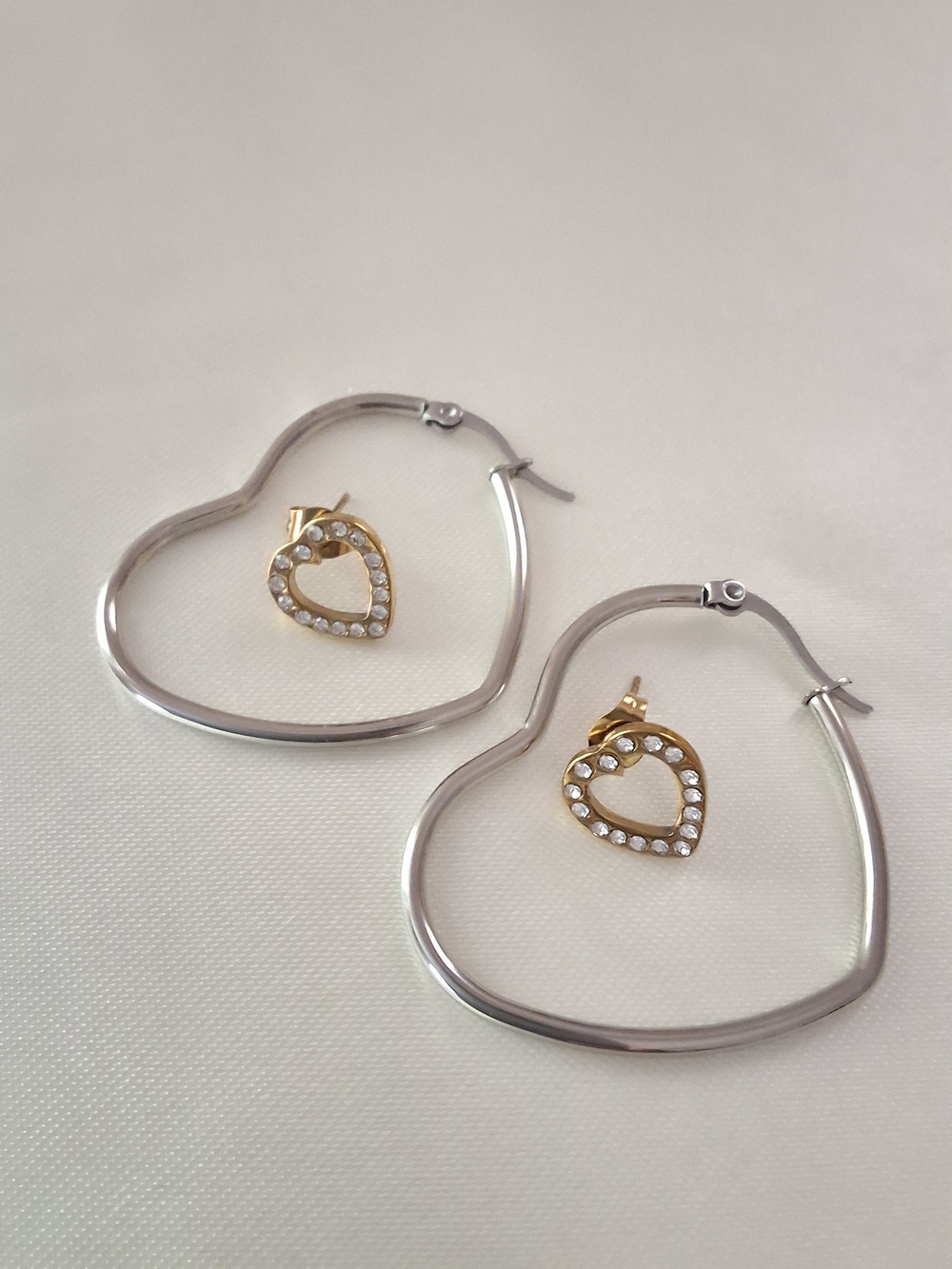 Silver Heart Hoop Earrings with Gold Crystal Heart Stud Accent